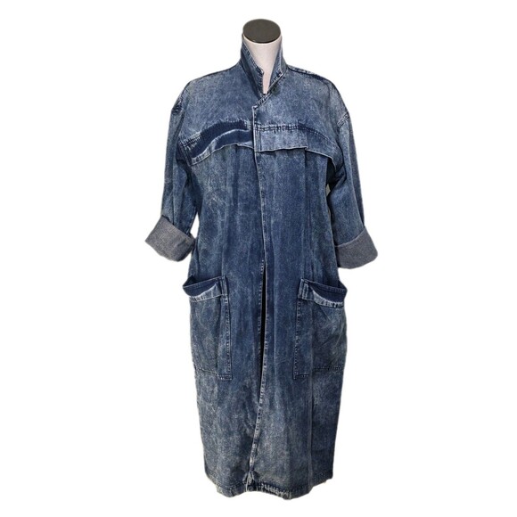 Matti O! Vintage 80s Acid Wash Denim Trench Coat Open Front Duster Women's Sz 16 - Picture 6 of 14
